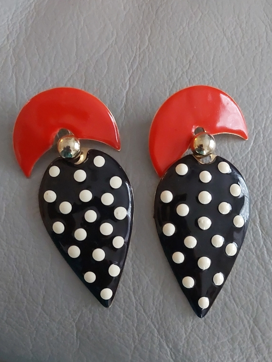Handmade Jewelry - Retro Black Polka Dot Drop Earrings with Red Accent From Art Market
